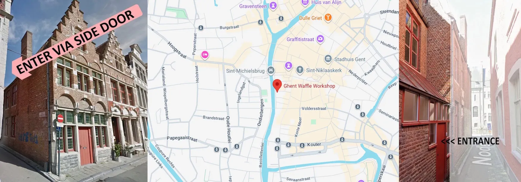 Map and picture of the waffle workshop entrance in Ghent, Belgium